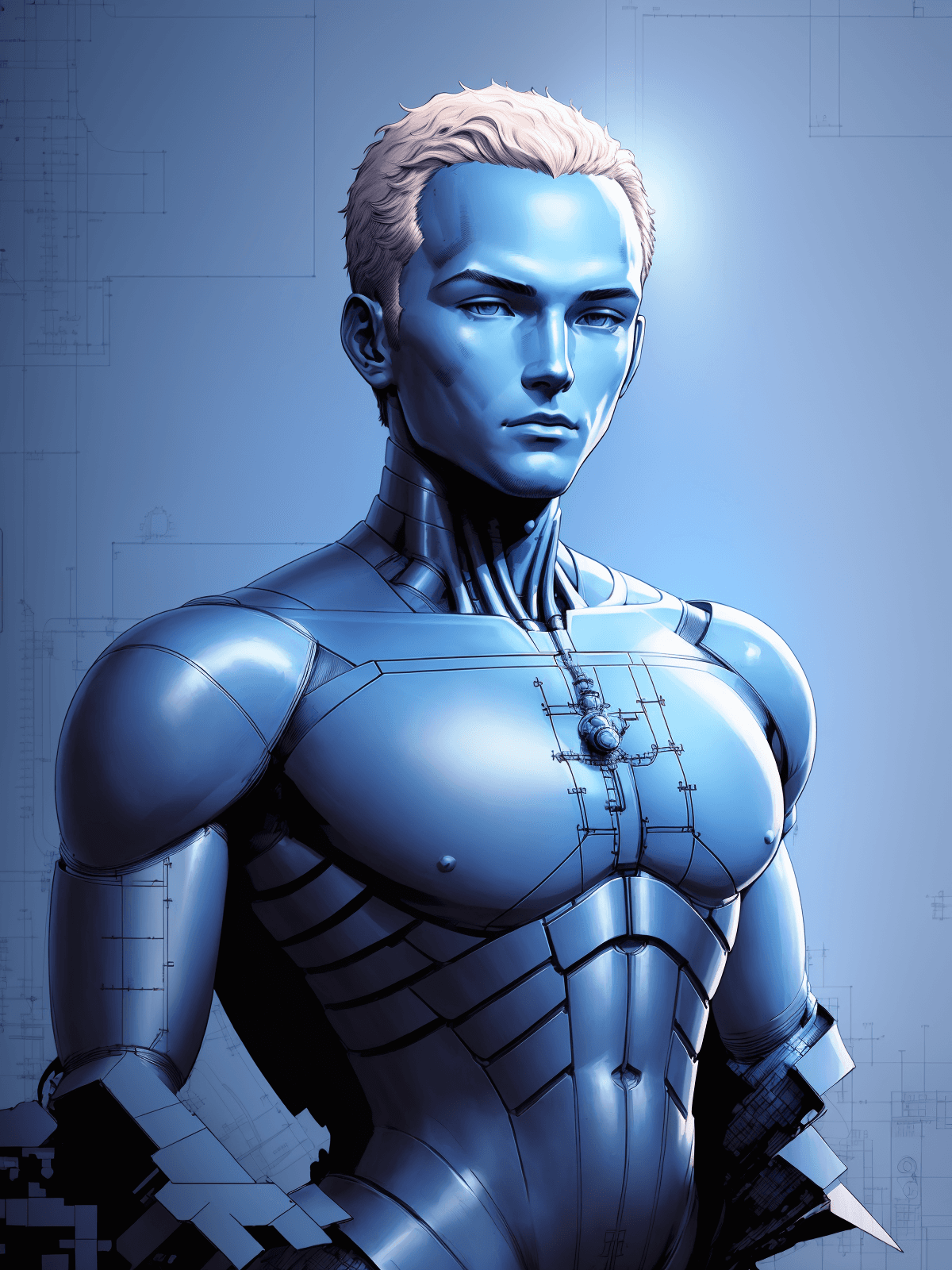 AI generated: the artificial man on a blue background, in the style of akihiko yoshida, (blueprint:1.4), 80s retro...