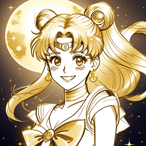 AI generated: sailor moon smiling sketch, gold background, bright sparkles