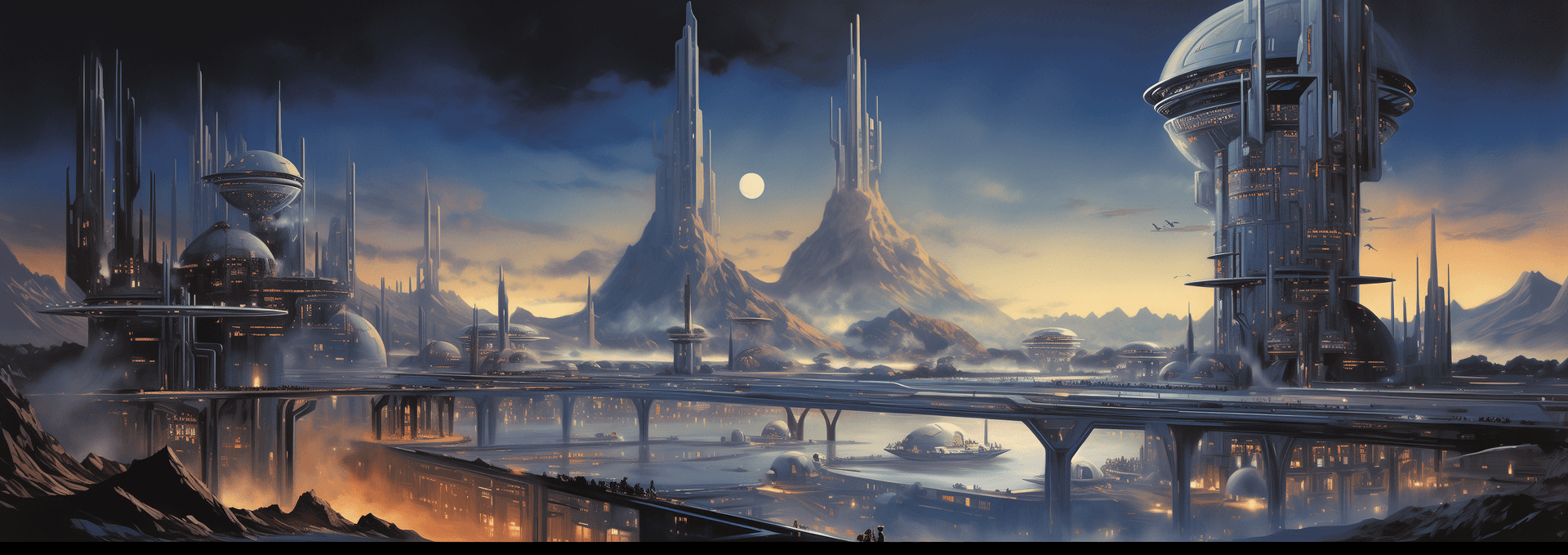 AI generated:  large silver water tower on top of an alien spaceport, painted by Ralph McQuarrie in the style John...