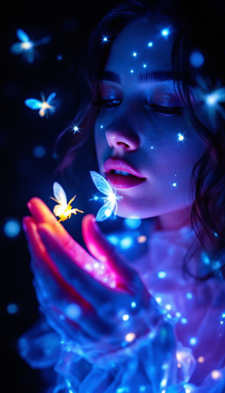 AI generated: Bio-Luminescent Art, Glowing Forms, Dark Background, Ethereal, Woman Holding a Firefly Glowing, Gent...