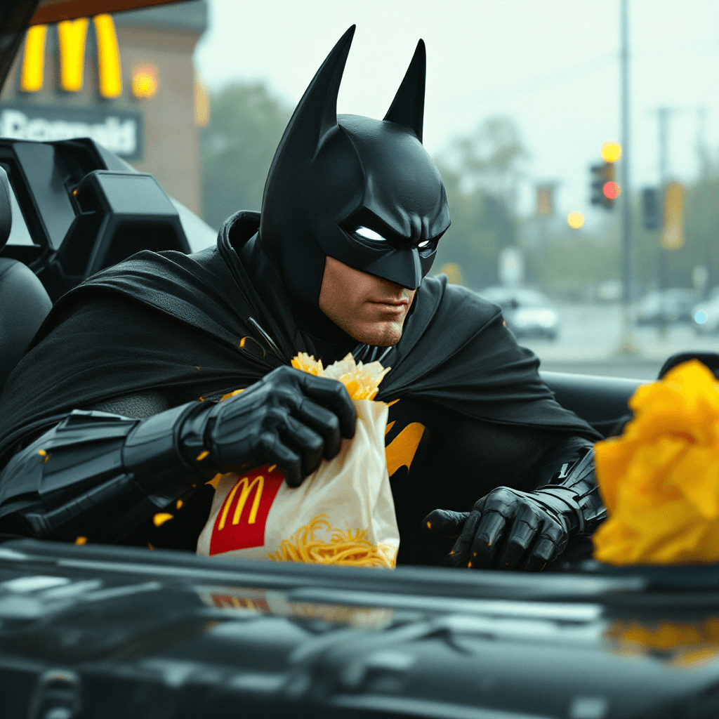 AI generated: Batmobile in a mcDonald drive-thru, picking up a mc-combo bag