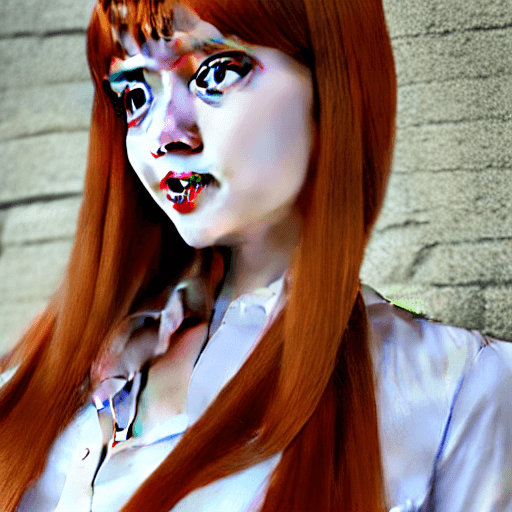 AI generated: Beautiful young redhead with waist-length hair, white shirt and tight black pants. honey-colored eye...