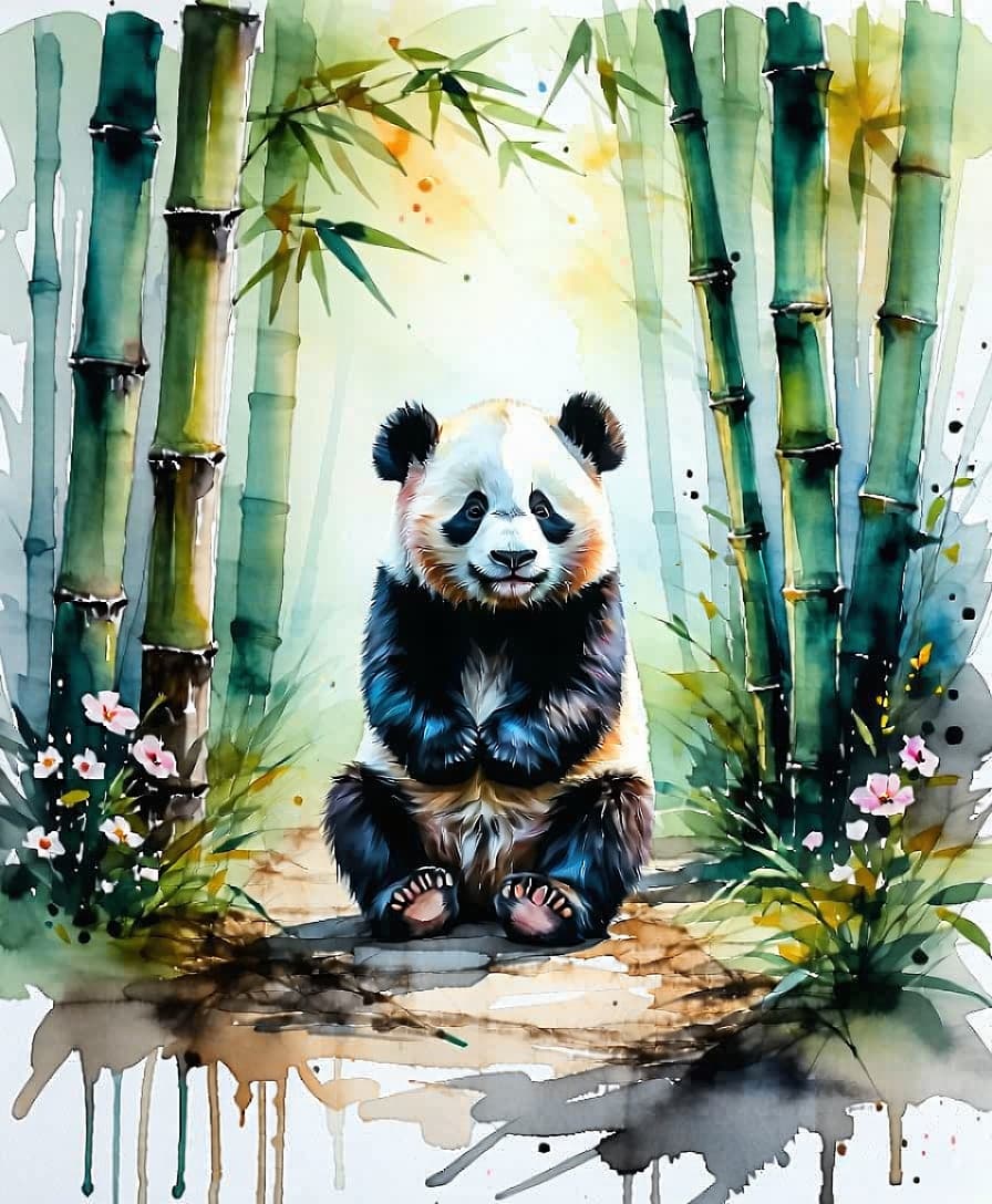 AI generated: (adorable panda on bamboo forest on a Sunlit path:1.5) In a vibrant forest where trees weave between...