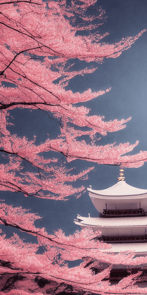 AI generated: Beautiful japanese landscape with cherry blossom trees, pagoda, leaves falling, realistic, volumetri...