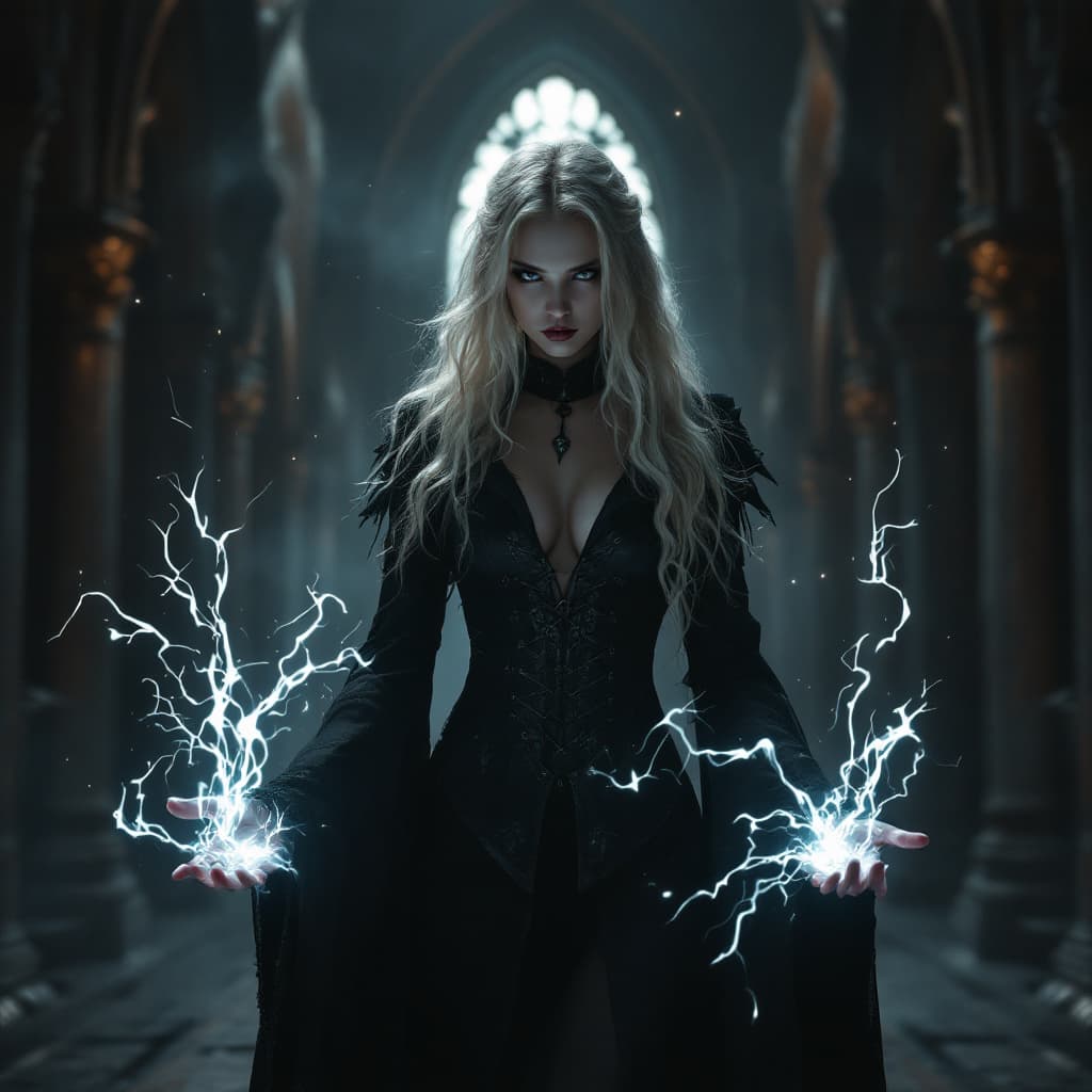 AI generated: In a breathtaking 8K wallpaper, dark fantasy gothic, young blonde mystique woman in a gothic cathedr...