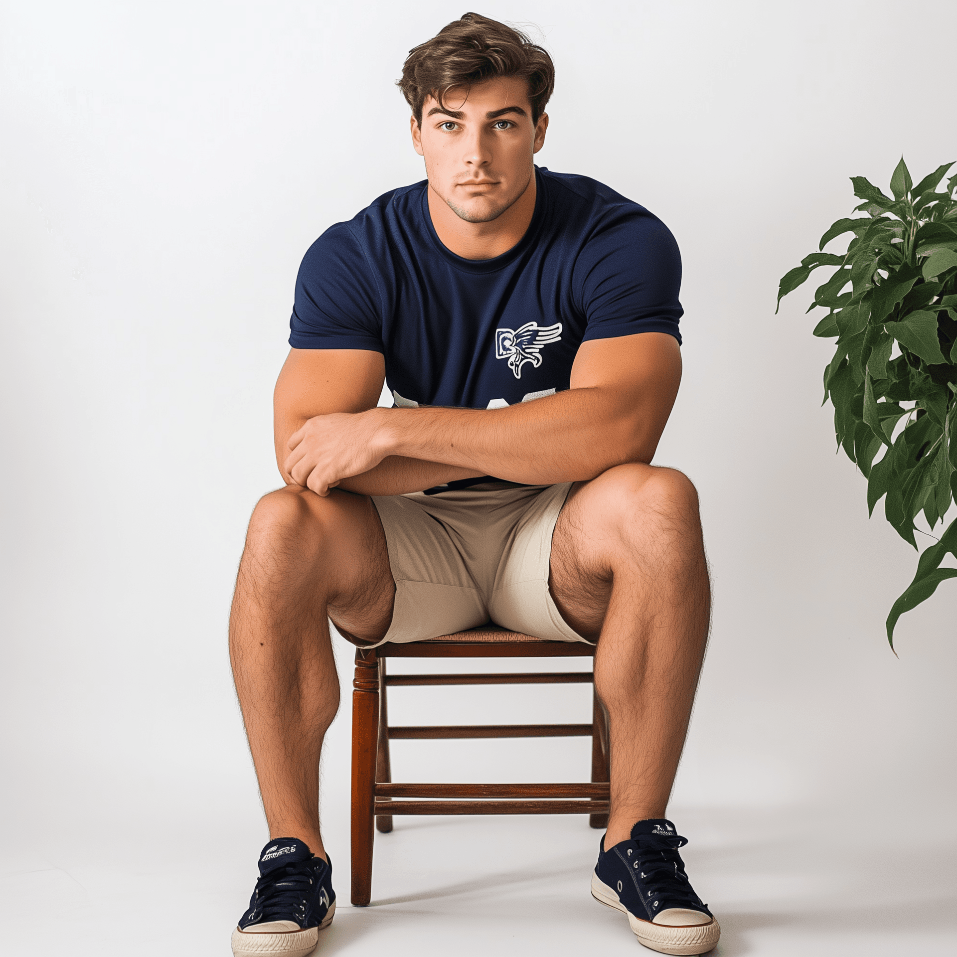 AI generated: Full-body photo of a tall, athletic man wearing a navy blue Tampa Bay Generals shirt and tan shorts,...