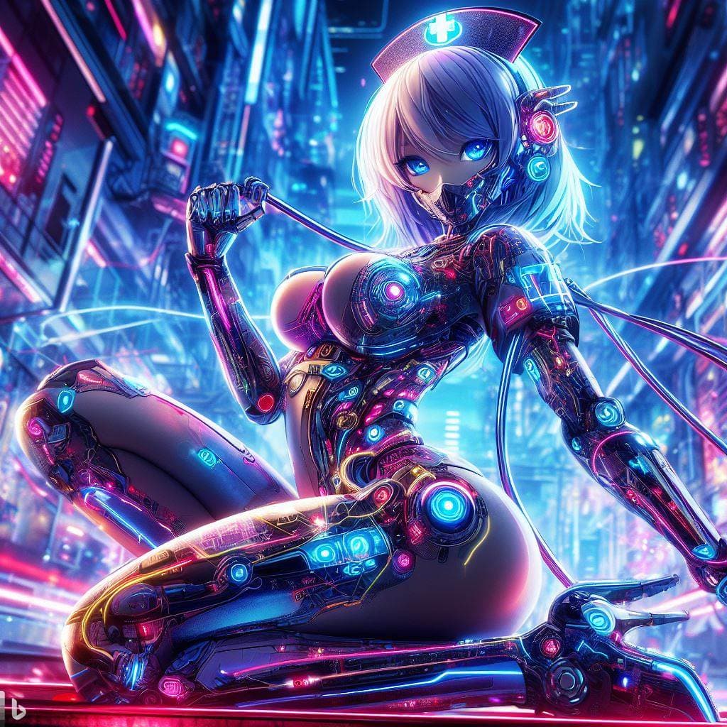 AI generated: A cyberpunk anime illustration of a robot nurse in a futuristic hospital, neon lights reflecting off...