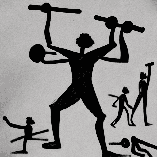 AI generated: create an 
cave painting like cartoonish charcoal image of a stick figure lifting weights