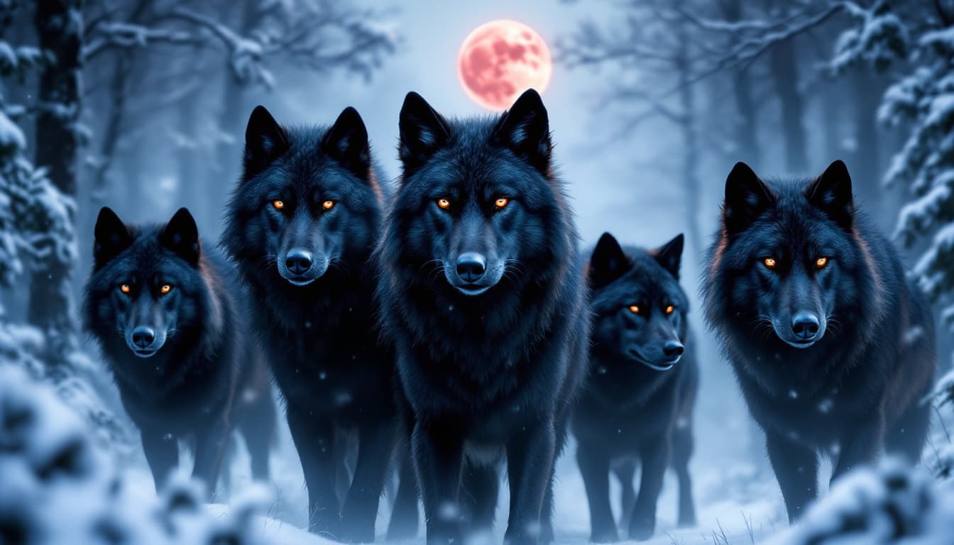 AI generated: Five black wolves in a snowy forest, their gaze was fearsome, a blood moon was forming in the sky
