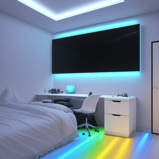 AI generated: Imagina un espacio futurista para un st-up gamer con líneas limpias y minimalistas. Las paredes podr...