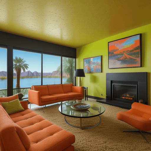 AI generated: High resolution photography interior design, dreamy sunken living room conversation pit, 70's retro ...