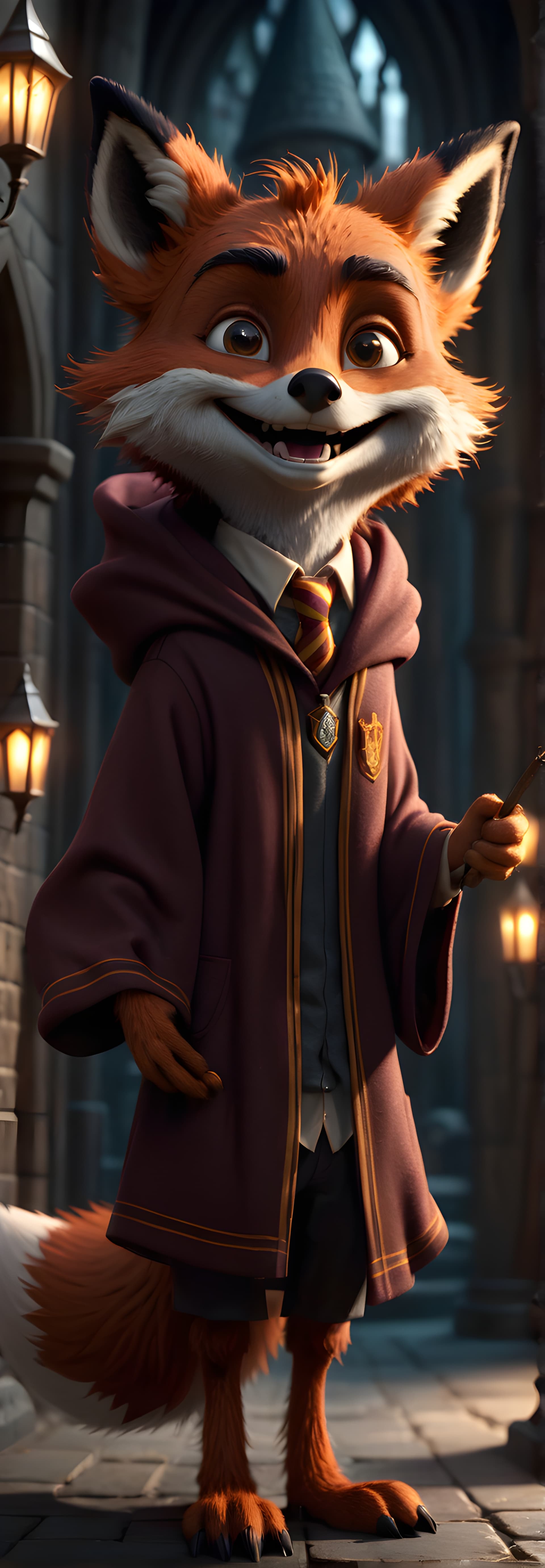 AI generated: cute foxy magic harry potter style smiling funny comical set in hogwarts caricutre style close up, i...