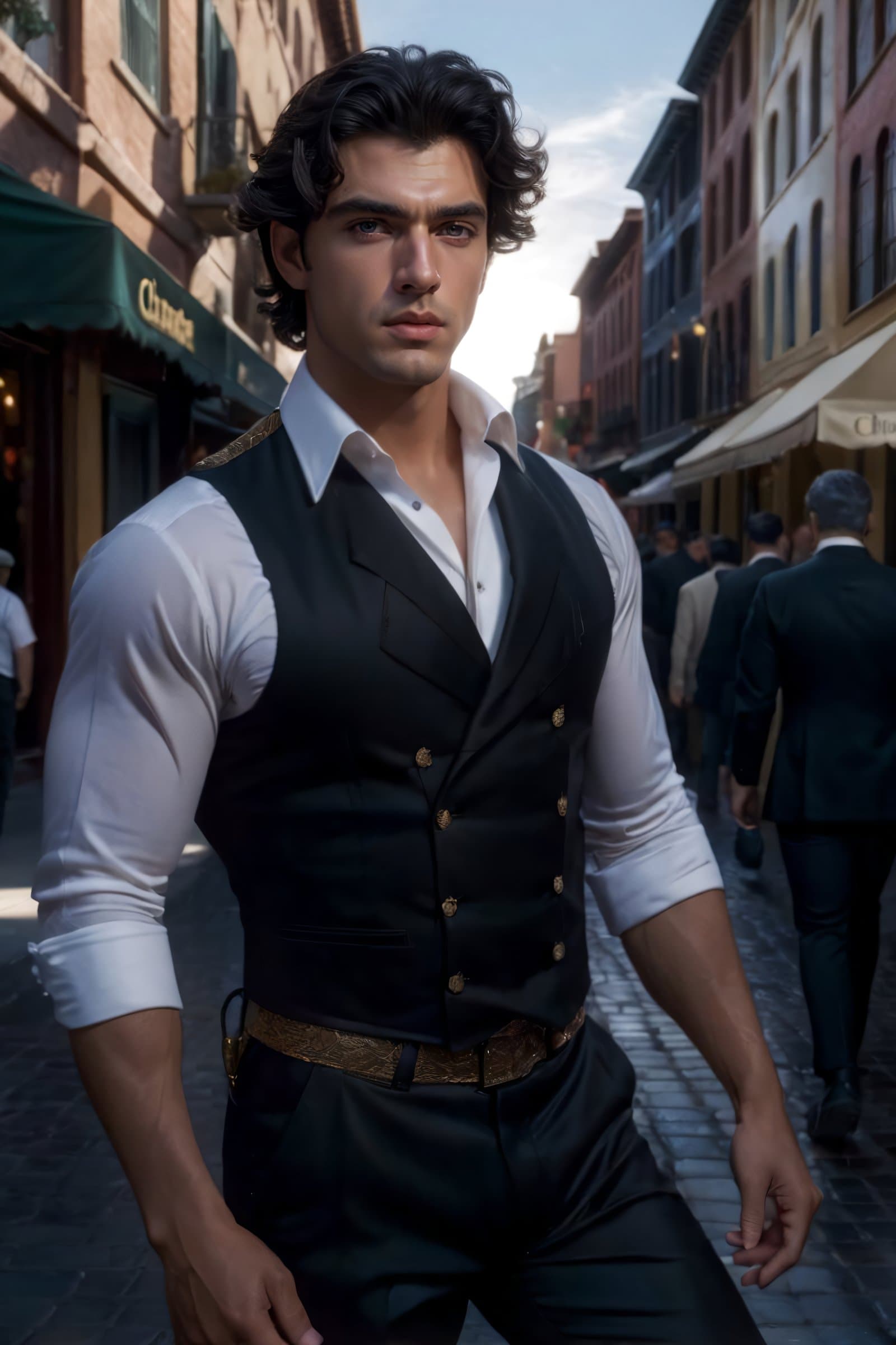 AI generated: Ground - Shot Angle - Looking down at figure from knee level, elegant, handsome, charro, Russian, ma...