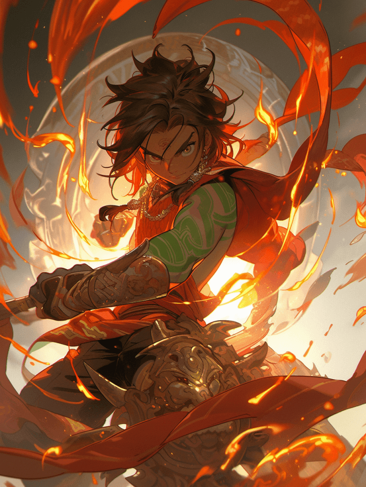 AI generated: Nezha, boy, Chinese mythology,Red scarf, Fiery wheels, Lotus flower, Magical weapons, blue, Closeup ...