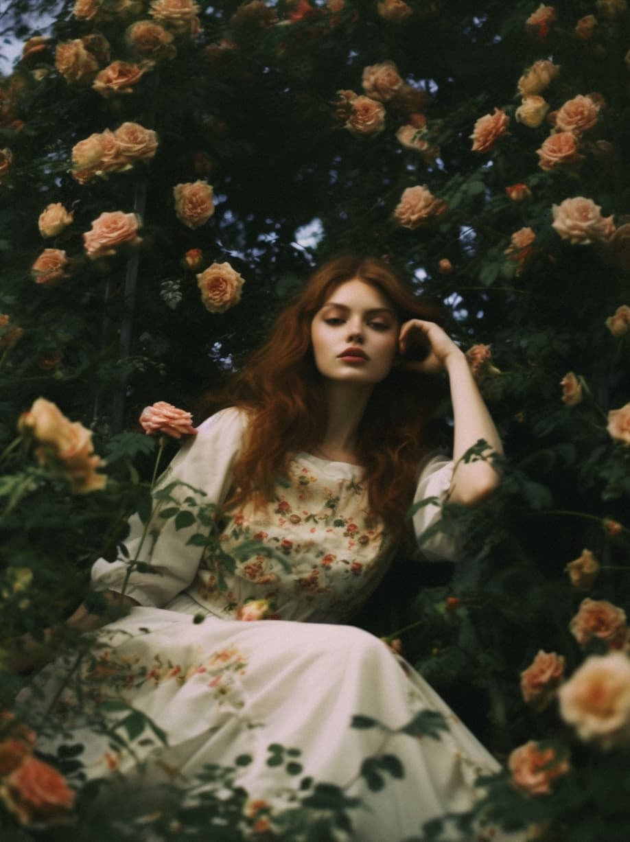 AI generated: a woman sitting in front of a bush of flowers, tumblr, romanticism, poison ivy, nika maisuradze, ros...