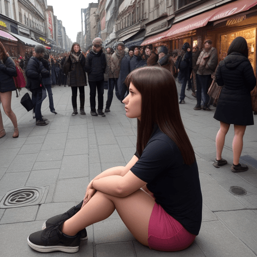 AI generated: A woman is sitting on middle of streat. Crowd of people are watching her.