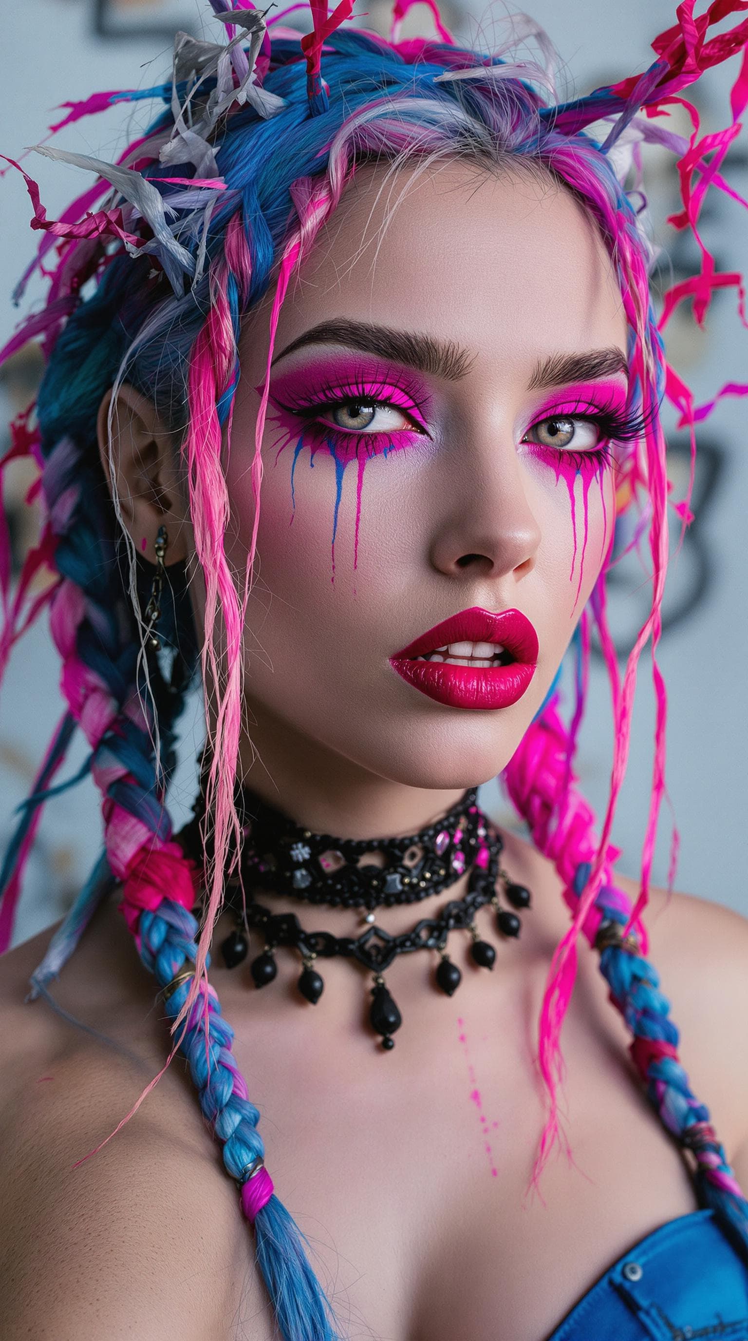 AI generated: a portrait of a woman with blue and pink braided hair, heavy metal comic cover art, stylized beauty ...