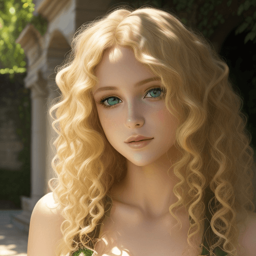 AI generated: A timeless beauty of a young female, with green eyes and curly blonde hair, ancient sensual attire, ...