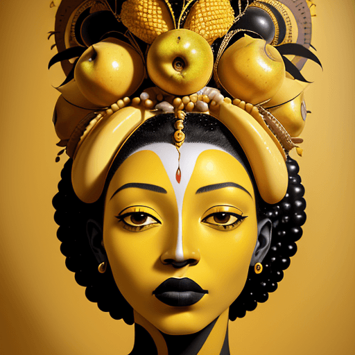 AI generated: a mural of woman on a yellow wall with fruit on her head, in the style of ingrid baars, 32k uhd, ben...