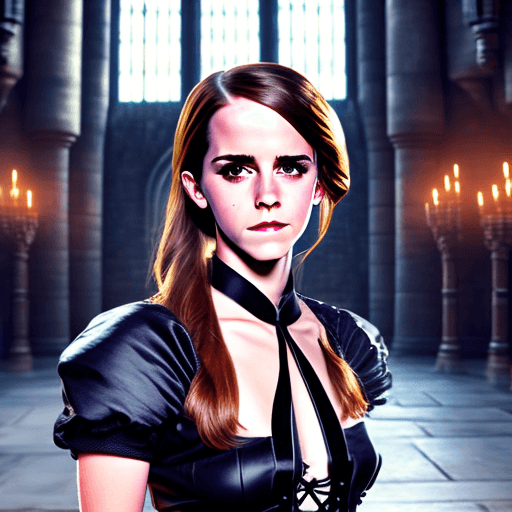 AI generated: full body shot of sexy beautiful emma watson, dominatrix, bdsm outfit, round eyes, long hair, symmet...