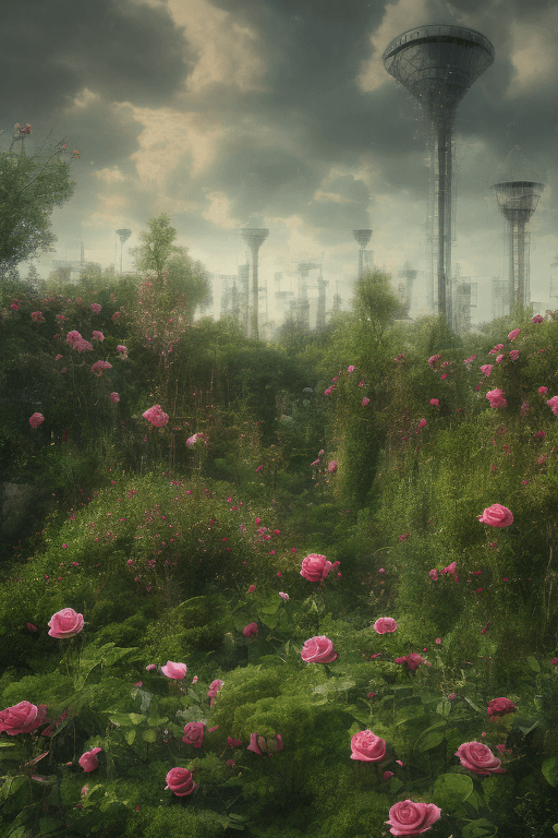 AI generated: << Garden factory, Tall factory, Many  black rose, A few black roses, clouds, ultra wide shot, atmos...