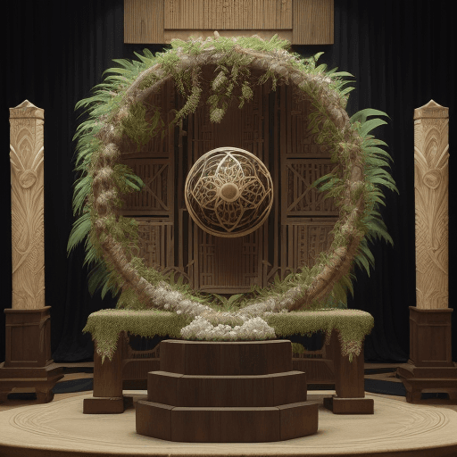 AI generated: stone podium for jewelry and accessories with backdrop set with leaves and calathea orbifolia flower...