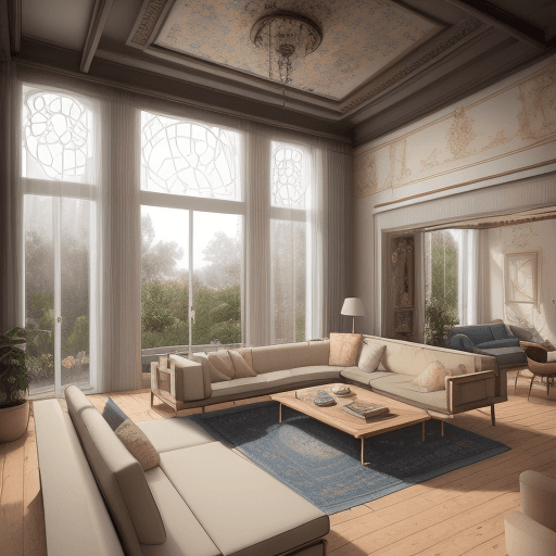 AI generated: High resolution photography interior design, living room conversation pit, wooden floor, opening ont...