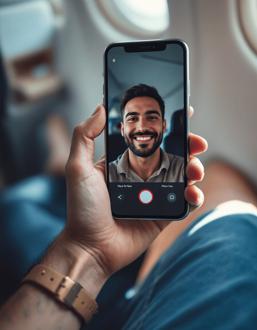 AI generated: First person POV, the hand of a man sitting in a plane, holding a silvery iPhone 14 while having a v...