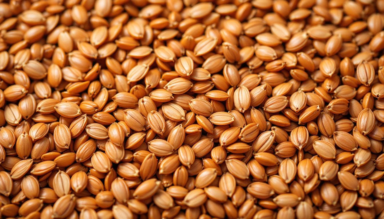 AI generated: Close-up of flax seeds — rich brown tones, glossy smooth surface, natural scatter pattern, covering ...