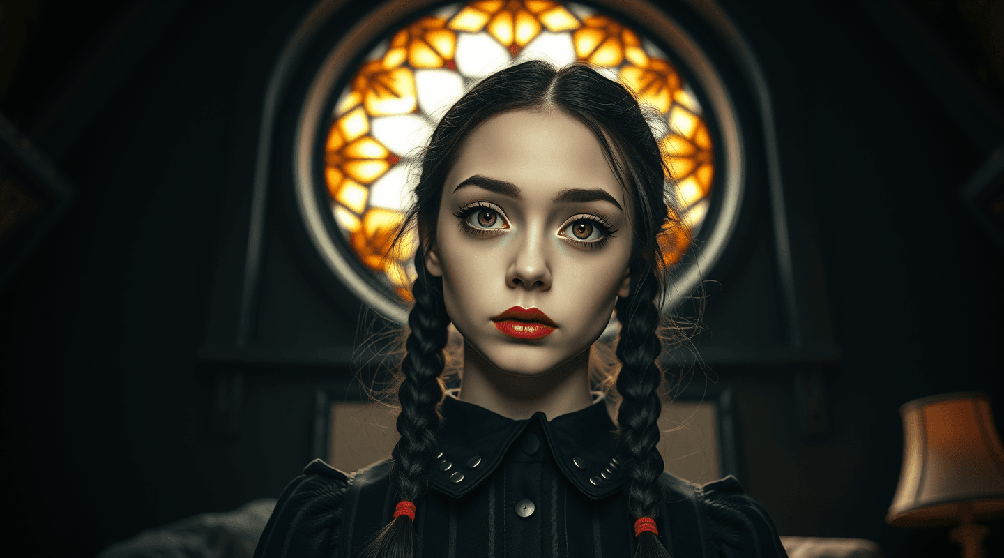 AI generated: portrait photograph of Wednesday Addams, in Tim Burton's style, a cute charismatic girl, 2 braids an...