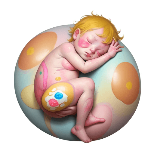 AI generated: extremely colorfully painted human baby in fetal position in egg shape