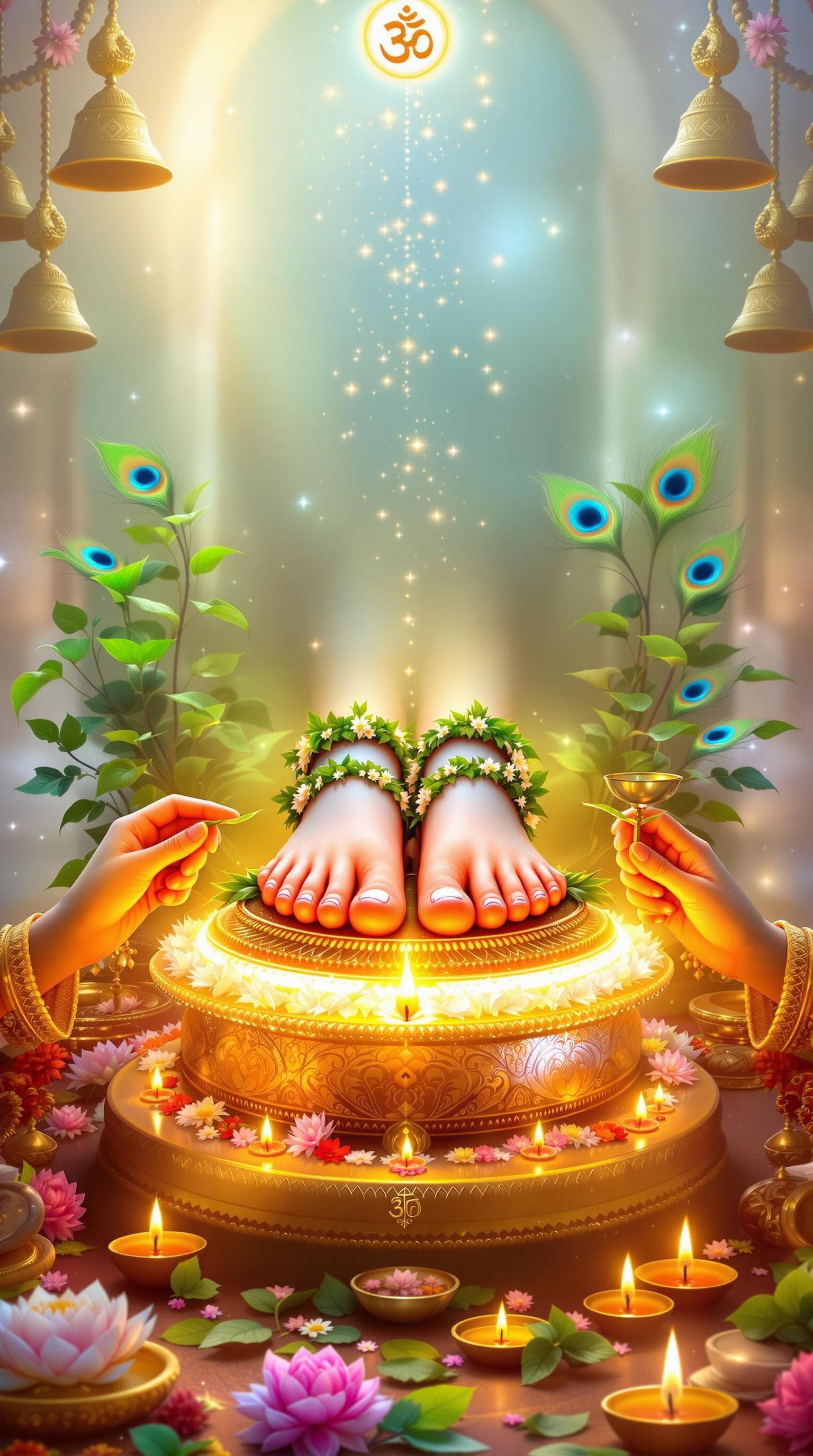 AI generated: "A divine and serene scene depicting the worship of Lord Krishna's lotus feet. The image shows a bea...