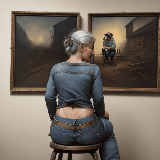 AI generated: a portrait of an old girl coal miner in 19th century,, wear jeans, bend over a chair, view from behi...