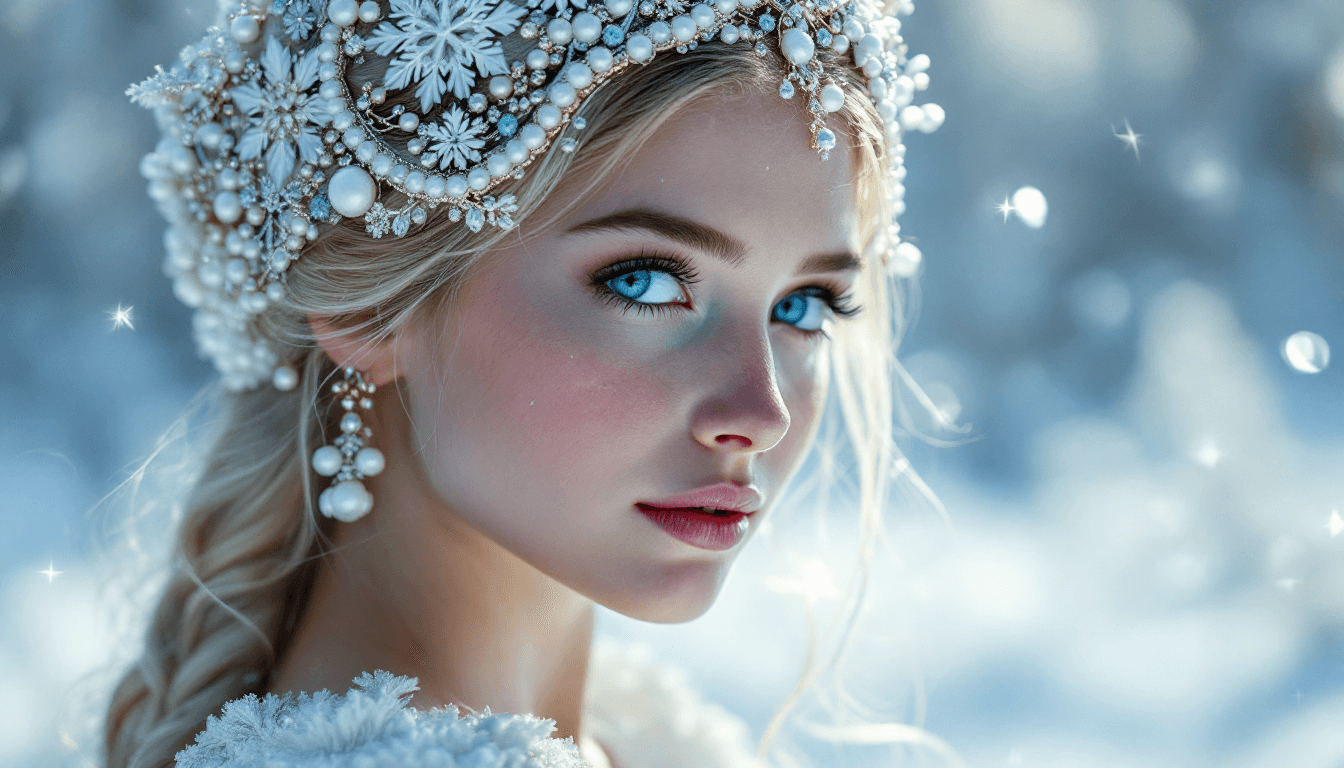 AI generated: A girl in the image of the Snow Maiden, in a kokoshnik embroidered with pearls and silver, with blue...