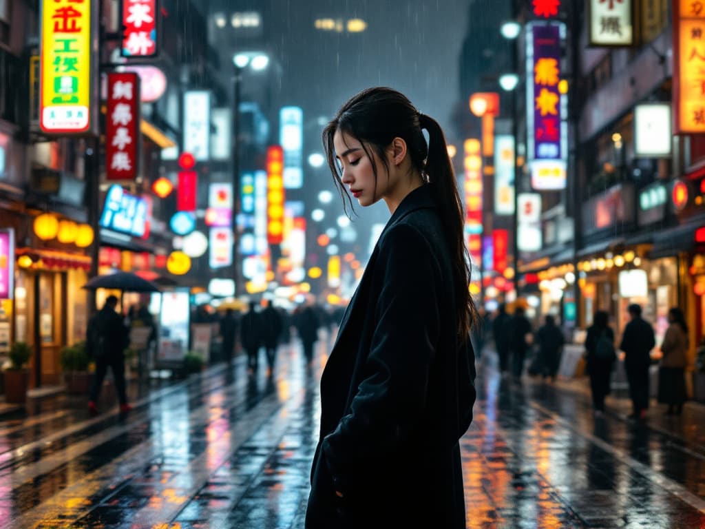 AI generated: image of a young woman standing in the middle of a busy Japanese street in the rain. The woman has b...