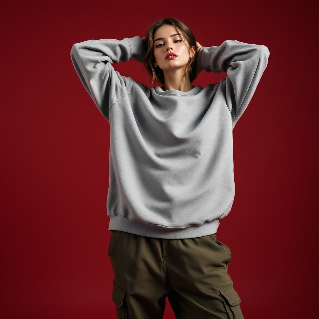 AI generated: fashion photograph of a model posing minimalist set, model is styled in a streetwear yet chic outfit...