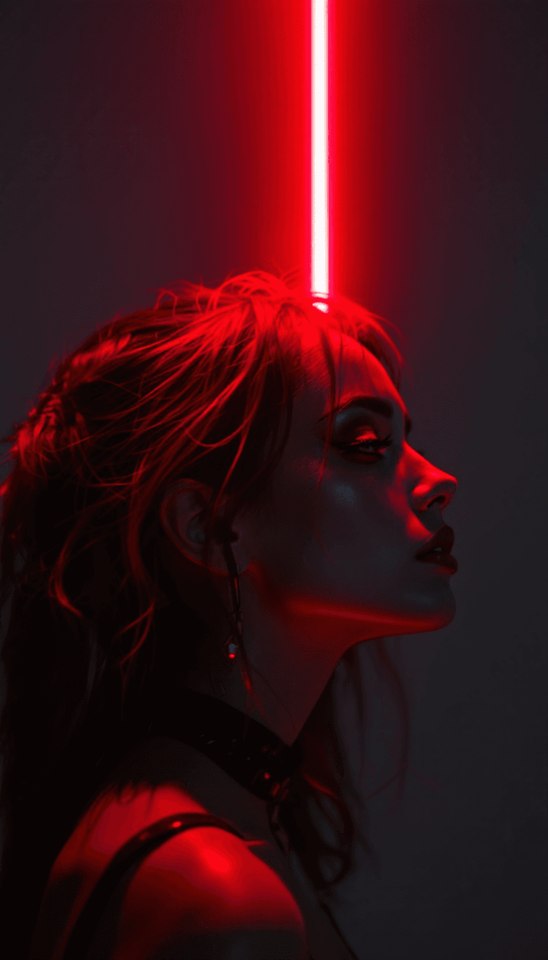 AI generated: side profile of a cute girl with futuristic makeup and accessories under a luminescent red light, sh...