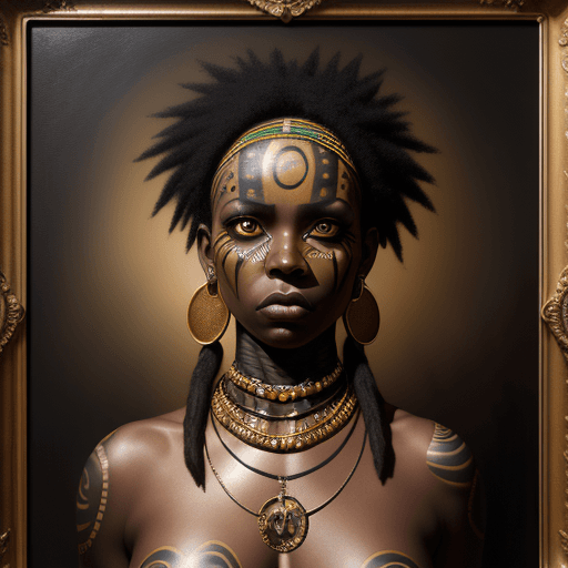 AI generated: hyper realistic photograph, portrait of a African indigenous black woman, future punk, gold tattoo l...
