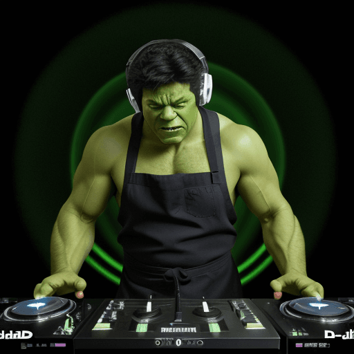 AI generated: (((chef-d'œuvre))), ((ultra-détaillé)),  Hulk is dj, with dj headphone and dj consol
