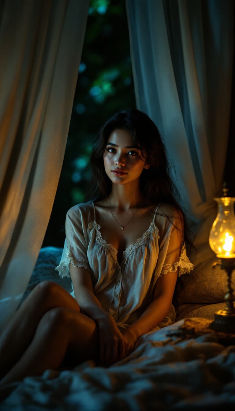 AI generated: A beautiful Indonesian housewife sits quietly on a luxurious bed near an open window at night. She w...