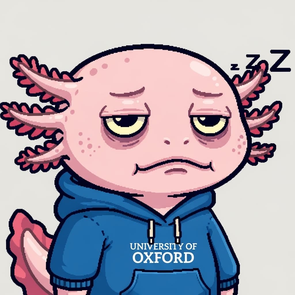 AI generated: A cute 2d sprite Axolotl wearing a hoodie of blue color from the University of Oxford, which is exha...