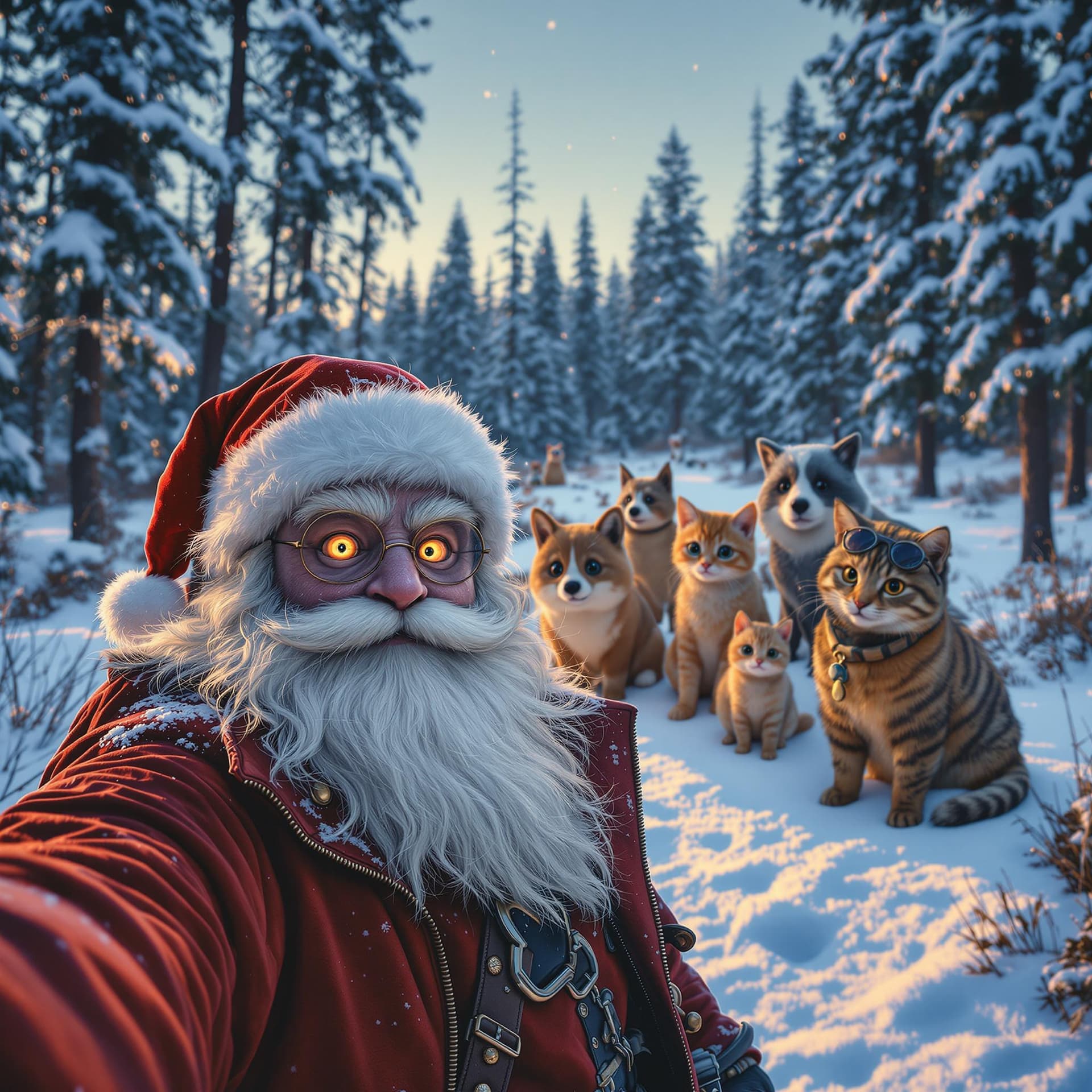 AI generated: In the winter forest, there is an field with many forest animals standing on it. Santa Claus wearing...