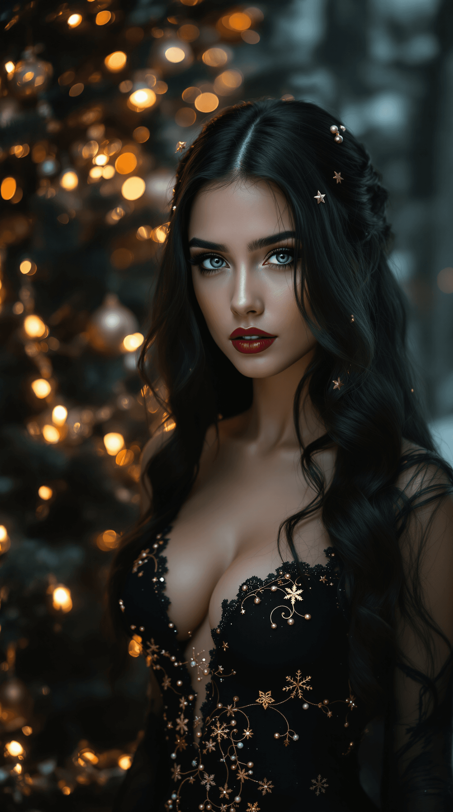 AI generated: Photo portrait of a stunning woman with long black hair cascading down, piercing blue eyes, wearing ...