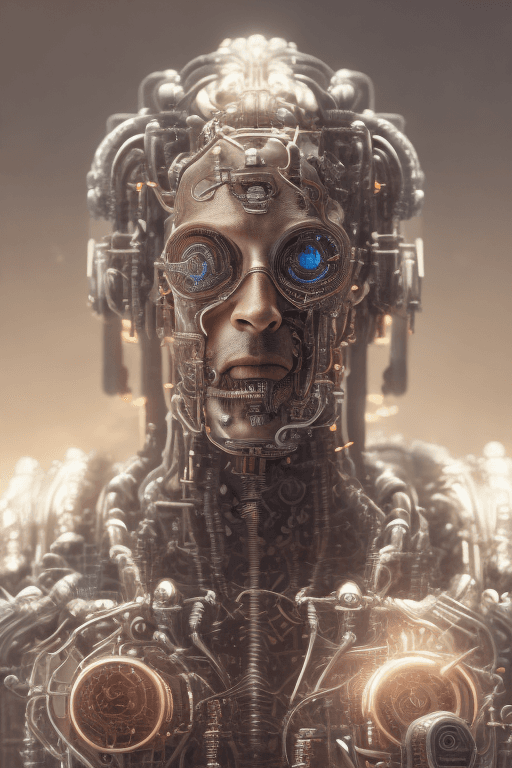 AI generated: full body ancient male cyborg| full-length portrait| detailed face| symmetric| steampunk| cyberpunk|...