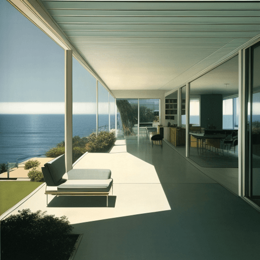 AI generated: Hyper realistic eye level exterior photo of a mid century modern style house overlooking the ocean, ...