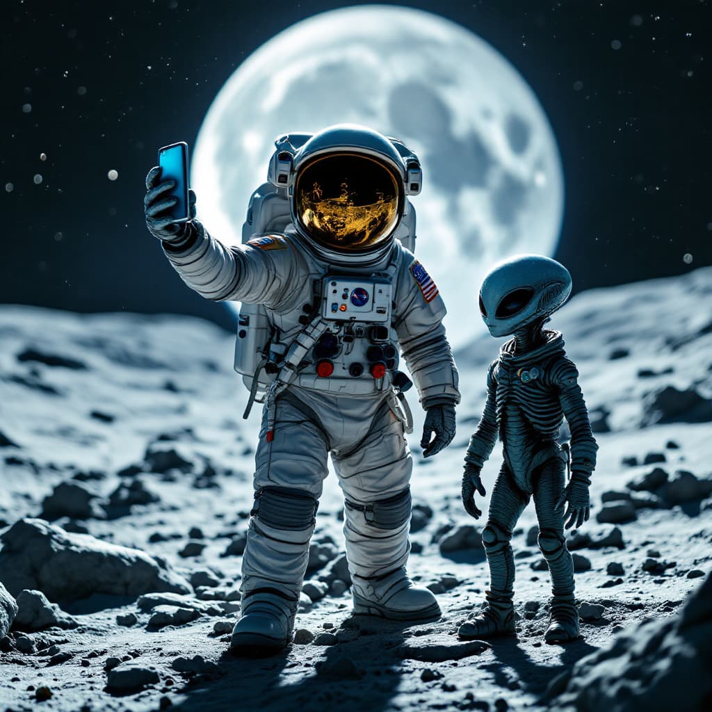 AI generated: Highly realistic and detailed astronaut stood on the surface of the moon, the astronaut takes a self...