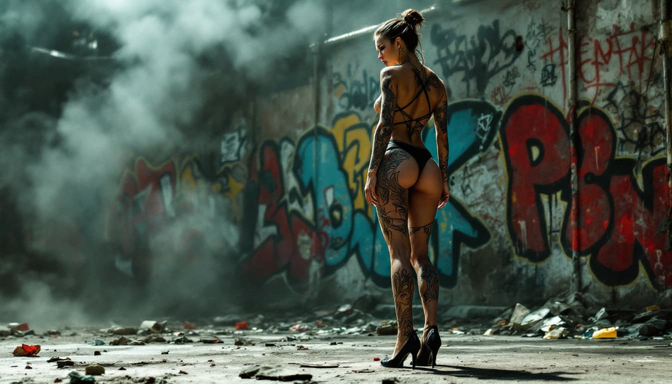 AI generated: A photorealistic image depicts a stunning, slim woman with long legs, featuring intricate tribal tat...