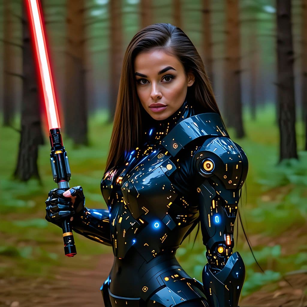 AI generated: Latina female dressed in black cyberpunk robotic armor with glowing blue details holding a red light...