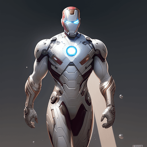 AI generated: male,  superhero, no symbol, full body portrait, fitness body, white 1930s Ironman armor with white ...