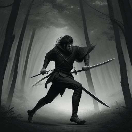 AI generated: a swords man running through a dark forest